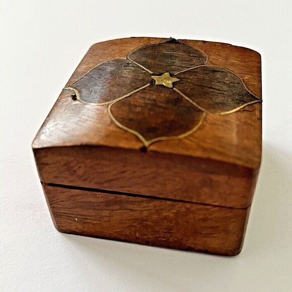 Wooden Inlay Flower Box Leaves Ring Holder Square Small Boho Trinket India Art - Picture 2 of 11